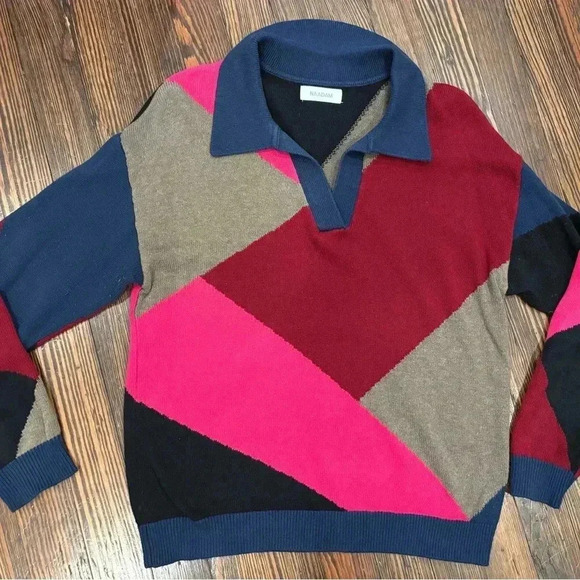 Naadam peachskin split neck silk blend Neck Pullover Geometric sweater Sz M - Picture 2 of 5